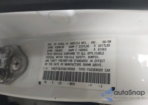 2008 Honda Accord 2.4 Lx z USA, uszkodzony, nr VIN 1HGCP26318A155556